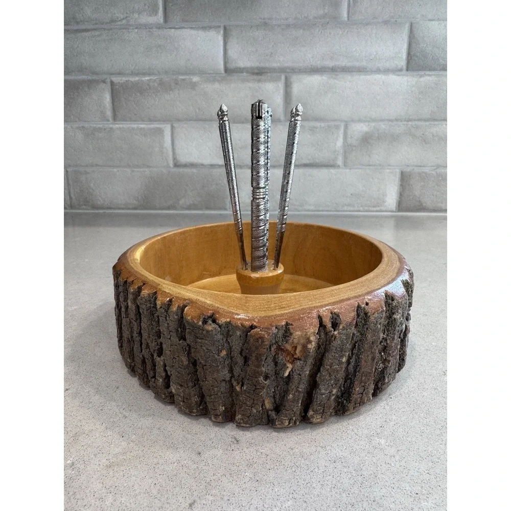 Ellwood Rusticware Vintage Wood Nut Bowl With Nutcracker And 4 Picks
